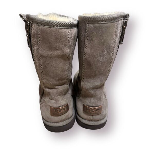 UGG Gray Leather Shearling Lined Zip Boots Women's 7 Mid Calf Boots Winter - Picture 3 of 9